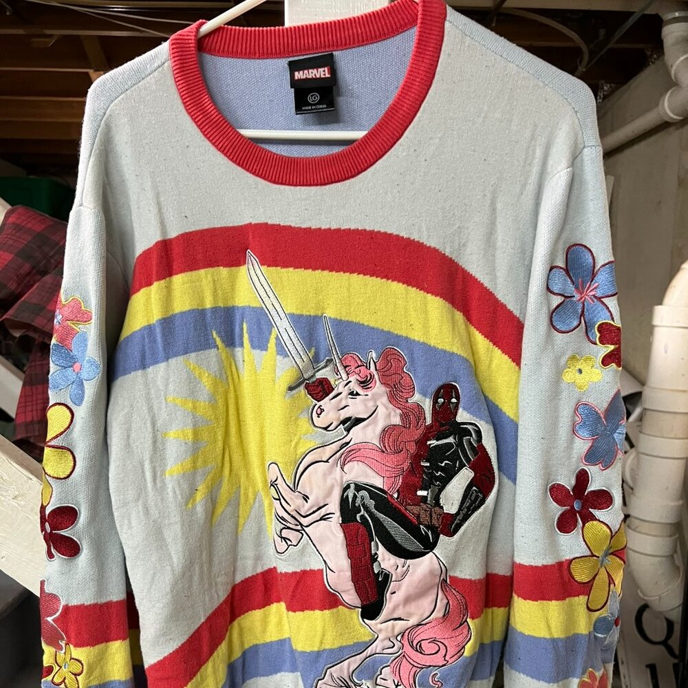 Deadpool Rainbow Unicorn Sweater - Size Large - Fun & Bold Marvel Style